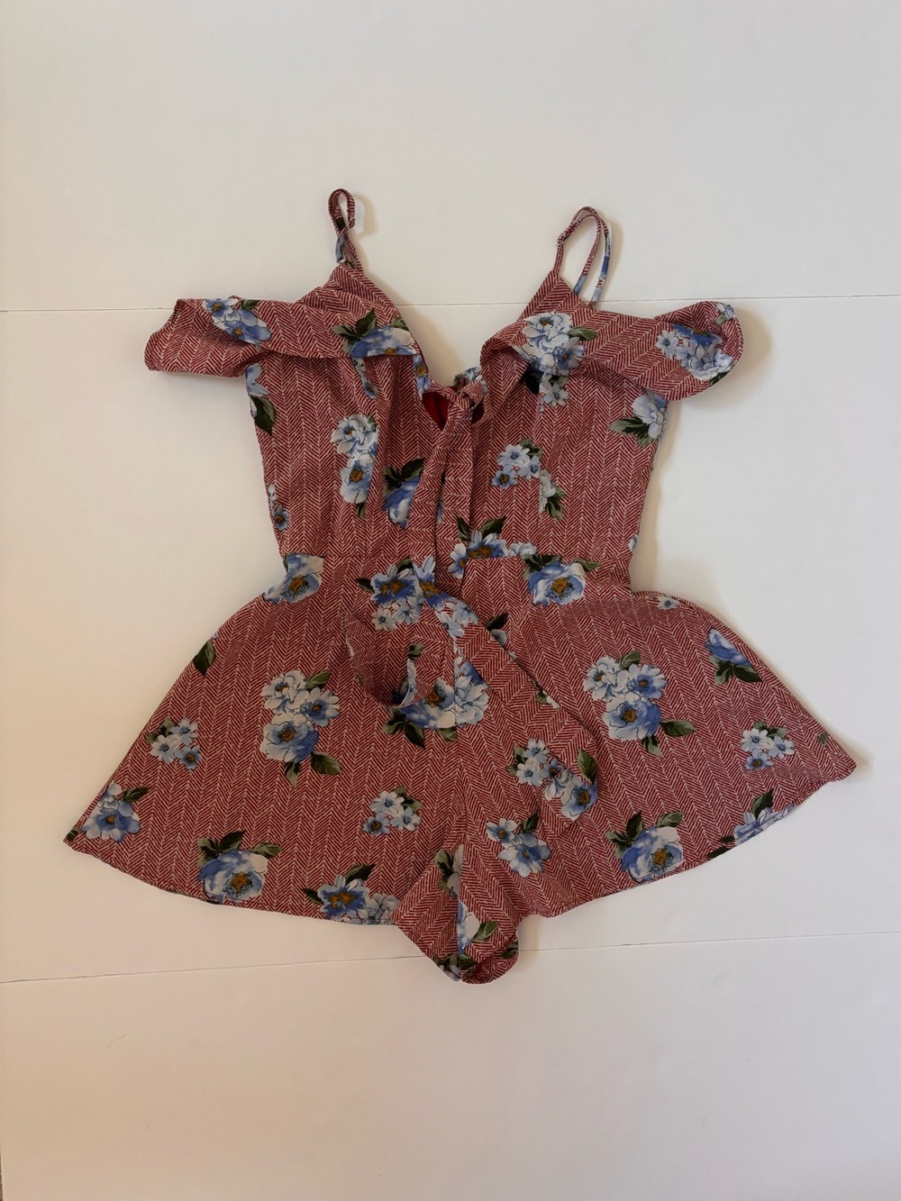 Altar’d State Floral Cold Shoulder Ruffle Romper Red Blue Size S